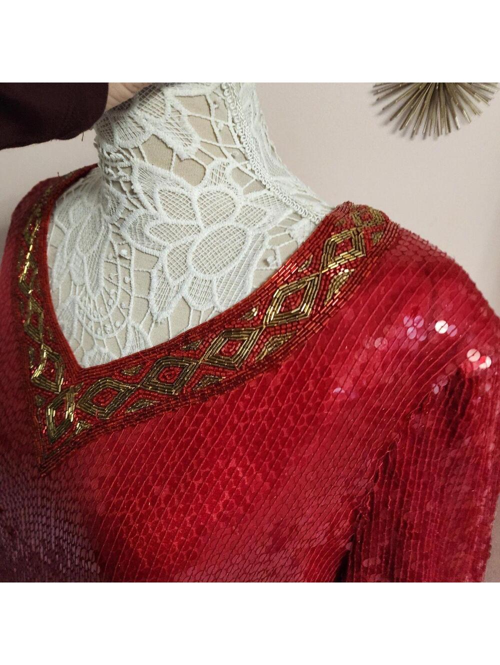 NWT Joan Leslie Vintage Red Silk Sequin 2 Piece Skirt Set XL Holiday Glam - Picture 6 of 9